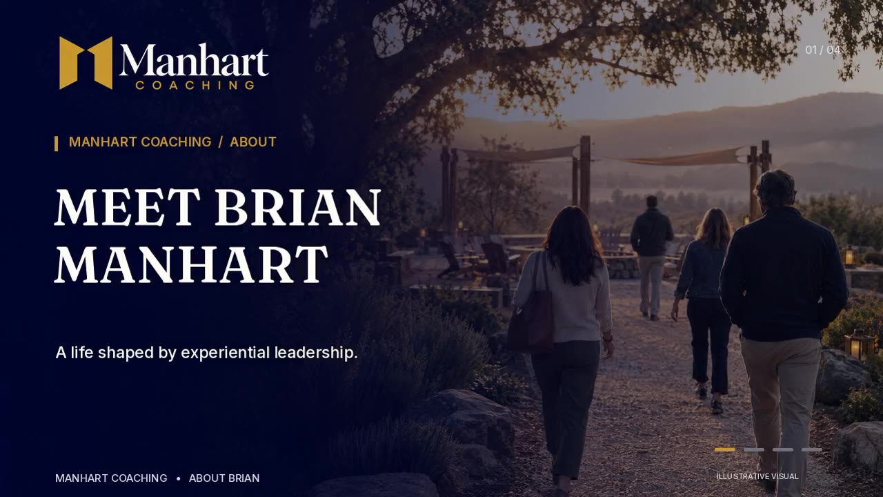 People walking a path together at dusk, with the title Meet Brian Manhart.