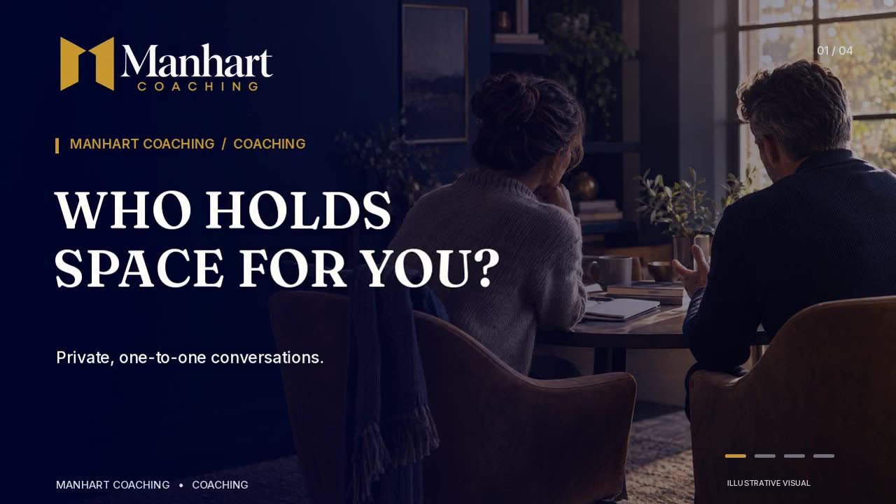Two people in conversation across a low table, with the title Who Holds Space For You.