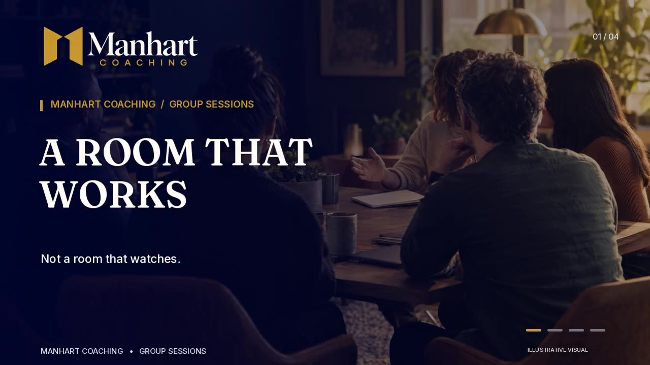 A small group talking around a table, with the title A Room That Works.