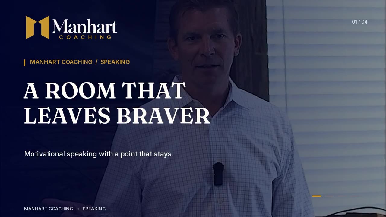 Brian Manhart mid-sentence while speaking, with the title A Room That Leaves Braver.